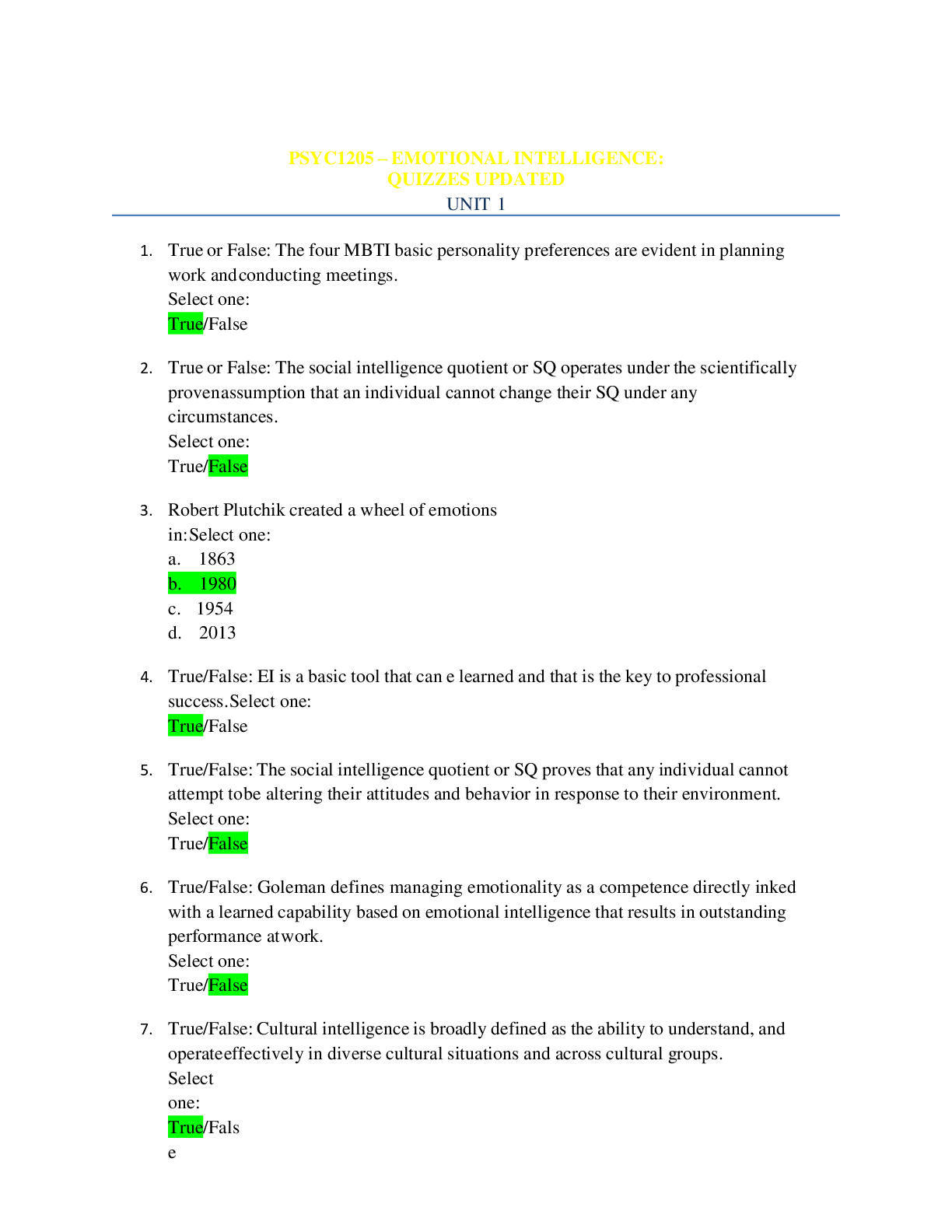 Preview image for PSYC1205 – EMOTIONAL INTELLIGENCE: QUIZZES UPDATED